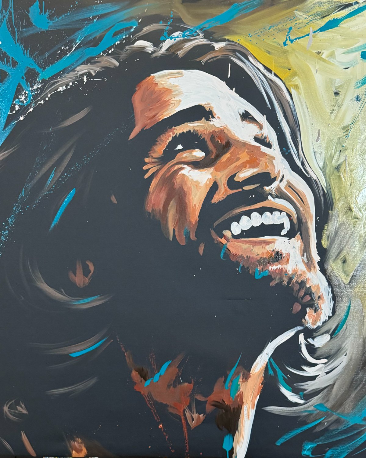 Live speed-painted joyful portrait of Jesus laughing
