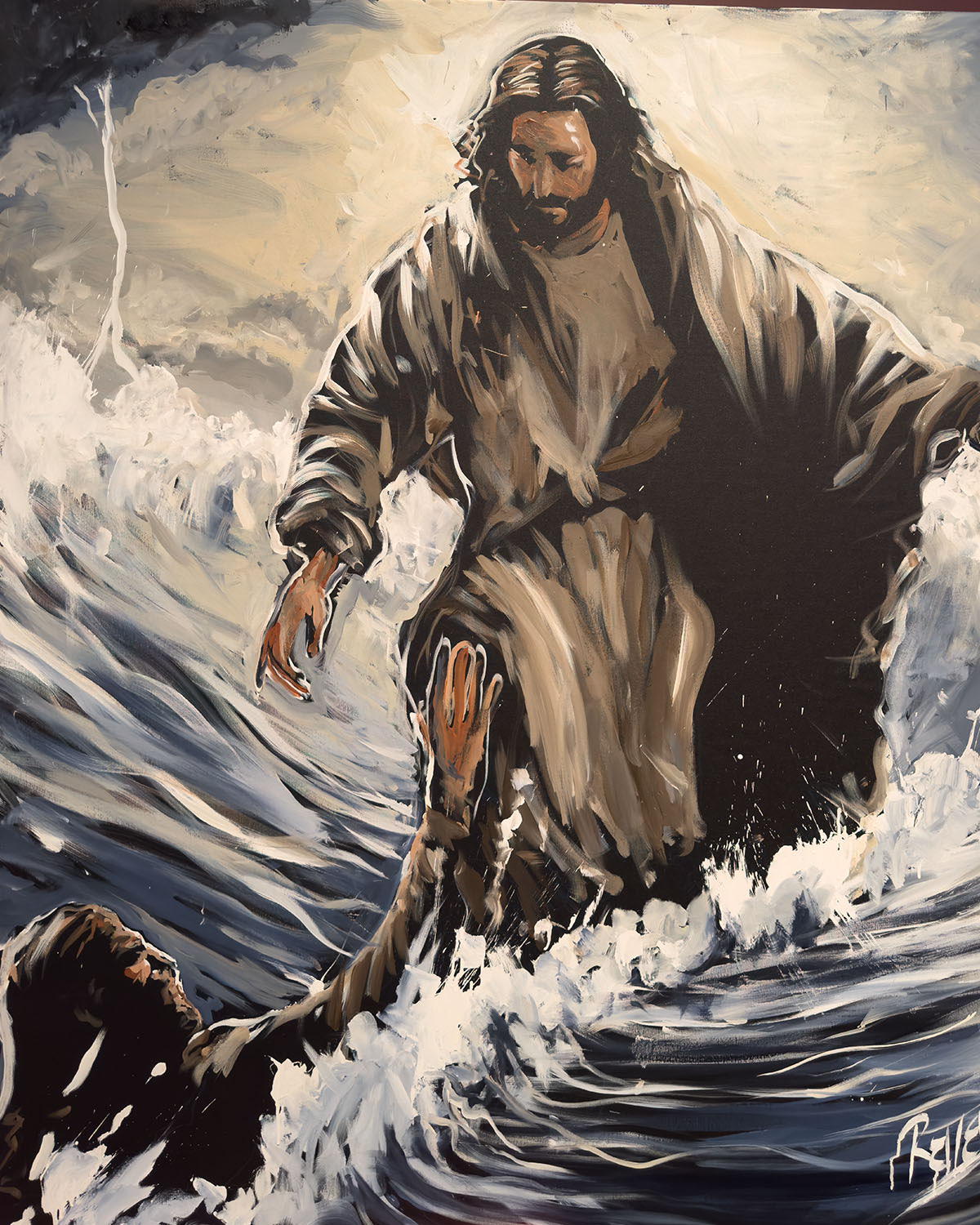 Live speed-painted dramatic biblical scene of Jesus pulling Peter from the water