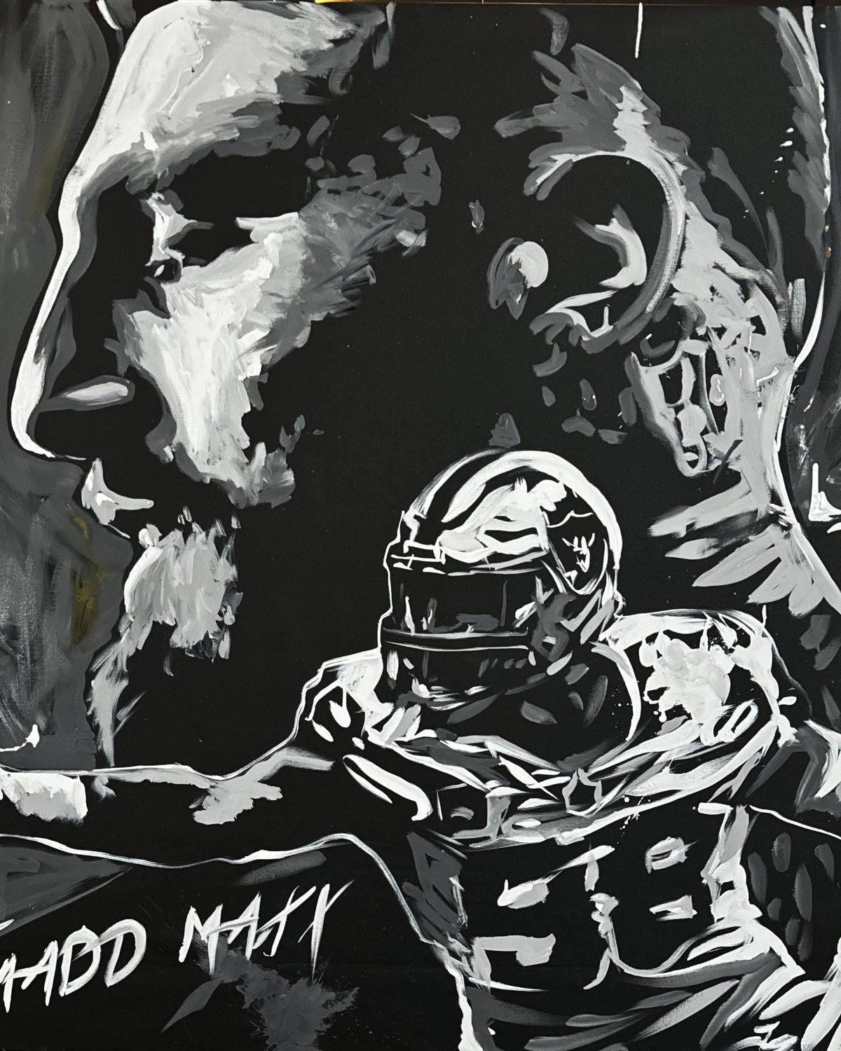 Live speed-painted portrait of LA Rams personality Madd Maxx